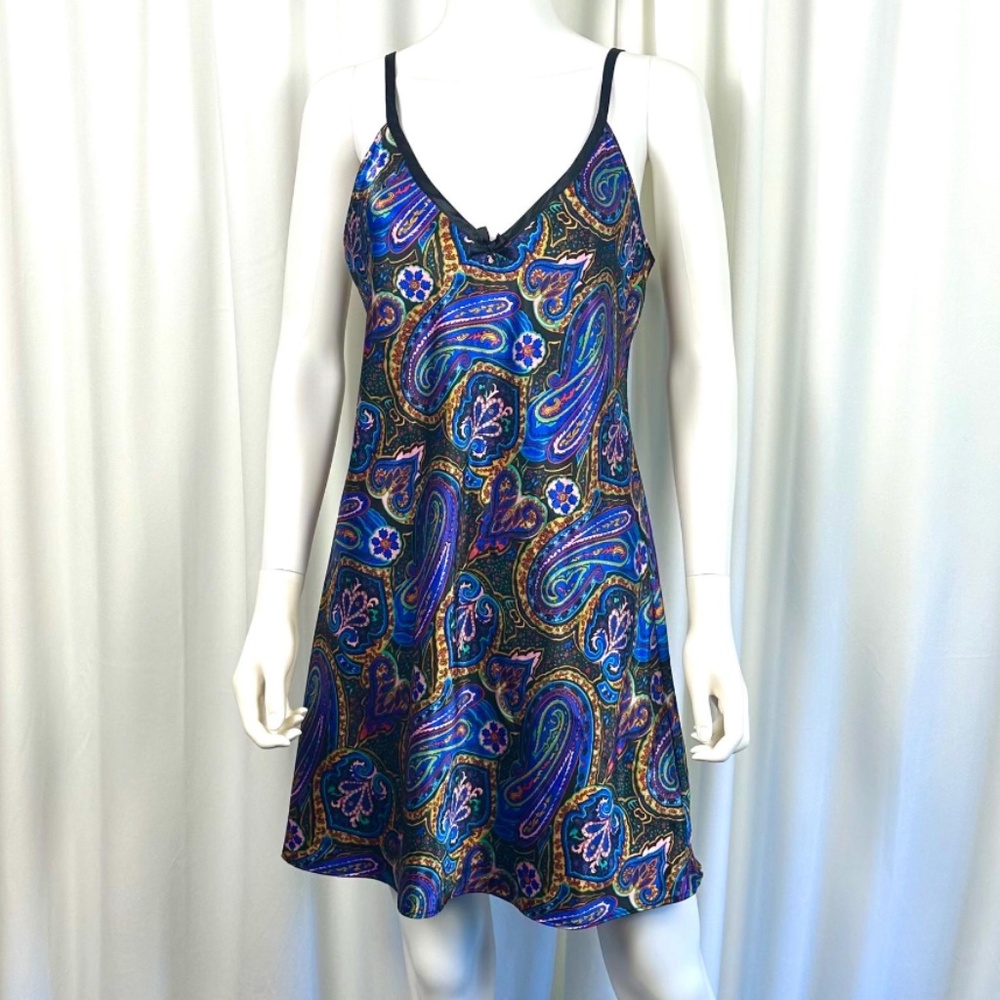 Vintage 1990’s 2000’s Paisley Print Mini Slip Dress in Blue + Black - Medium